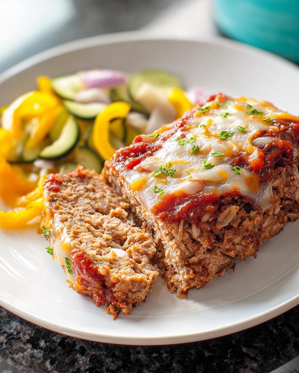 A slice of ground beef meatloaf topped with tomato sauce and melted cheese, served with a side of vegetables. A perfect ground beef recipe for busy weeknights.