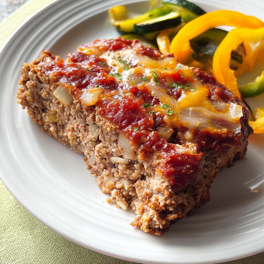 A slice of savory ground beef meatloaf topped with tomato sauce and melted cheese, served with sautéed zucchini and bell peppers.