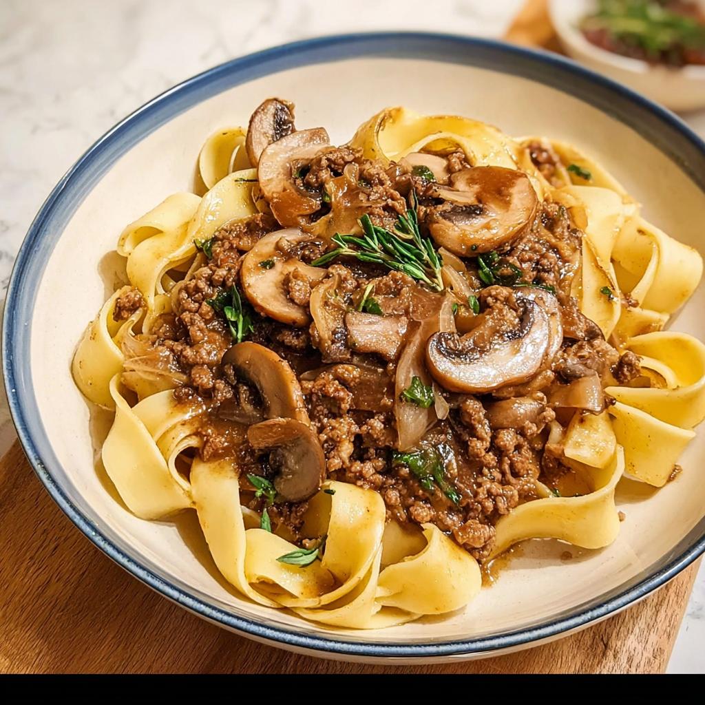 A close-up of a bowl of pasta with a rich ground beef and mushroom sauce, perfect for quick ground beef recipes.