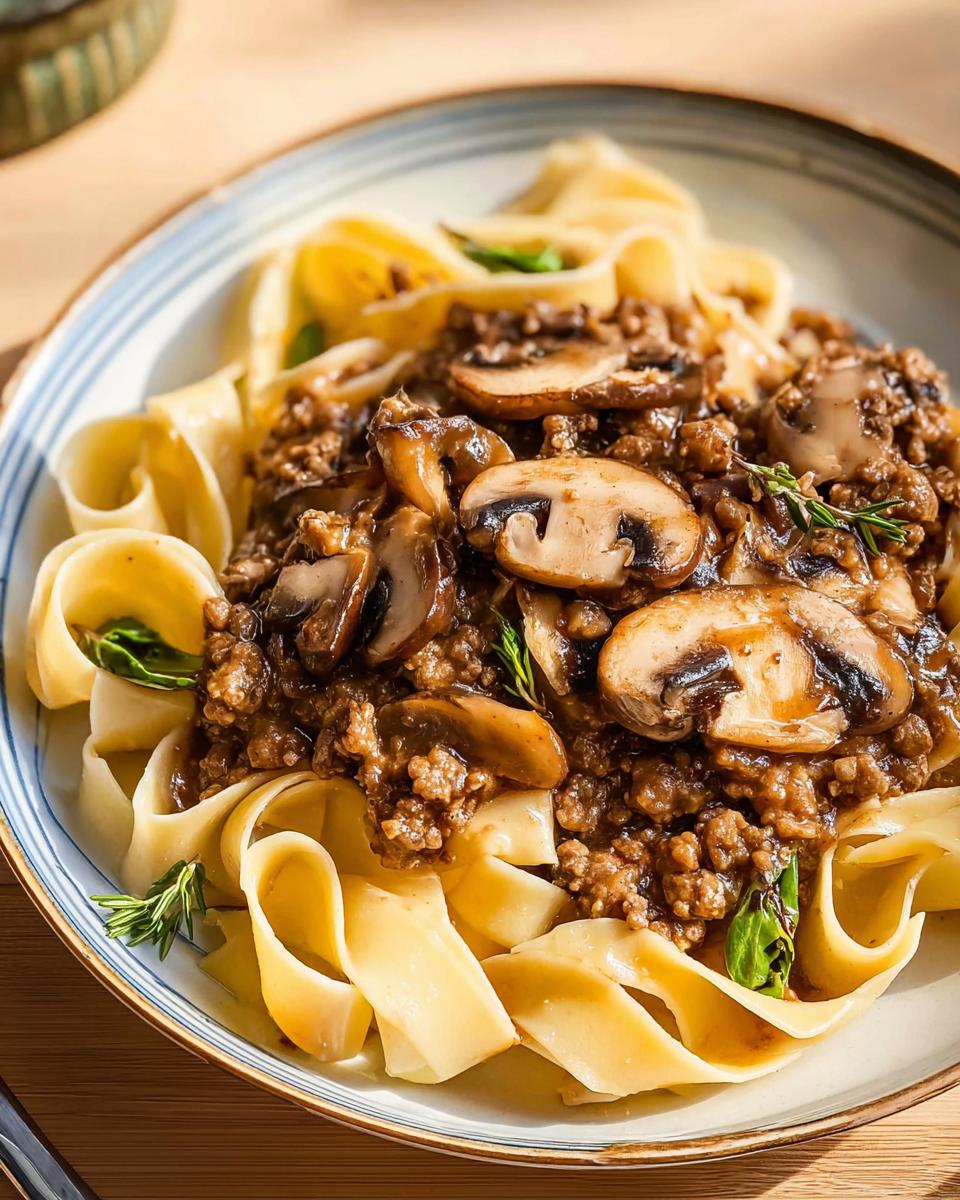 A close-up of wide pasta noodles topped with a rich ground beef and mushroom sauce, a perfect example of quick ground beef recipes.