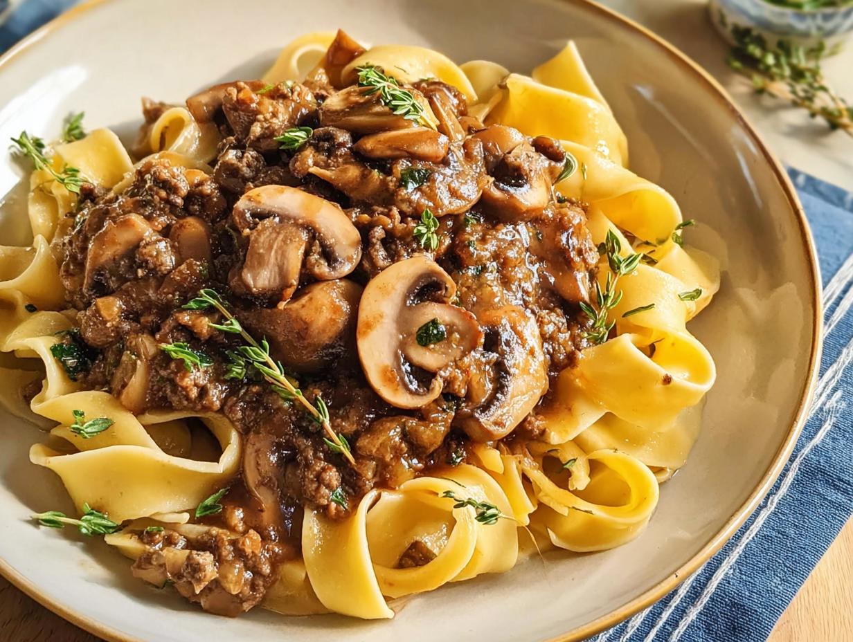 A close-up of wide egg noodles topped with a rich ground beef and mushroom sauce, garnished with fresh thyme. A quick ground beef recipe.