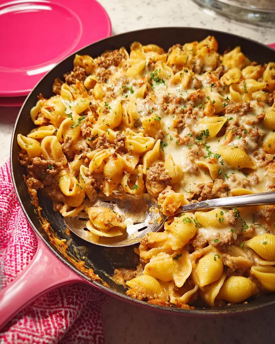 A skillet filled with cheesy ground beef pasta bake, featuring shell pasta and crumbled beef, garnished with parsley.