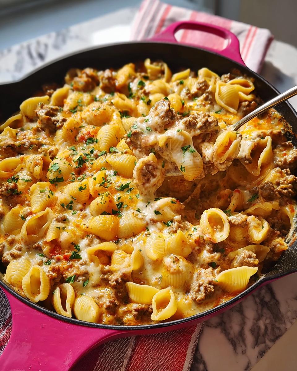 A close-up of a creamy ground beef and pasta casserole in a pink skillet, topped with melted cheese and parsley.
