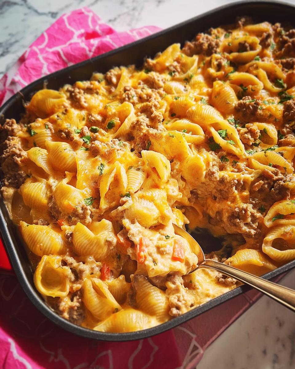 A close-up of a ground beef and pasta casserole in a baking dish, topped with melted cheese and parsley.