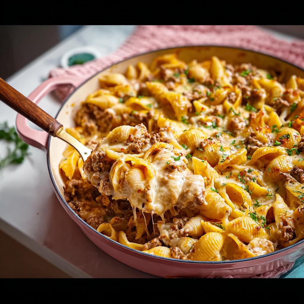 A serving spoon lifting a generous portion of cheesy ground beef and pasta casserole from a pink skillet.