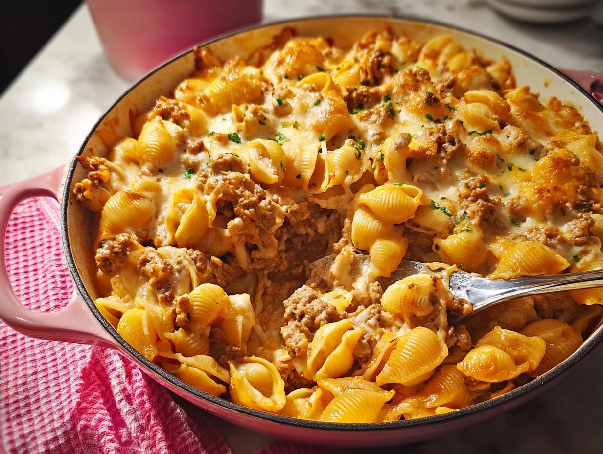 A close-up of a baked pasta casserole with ground beef and melted cheese, a fork is taking a scoop.