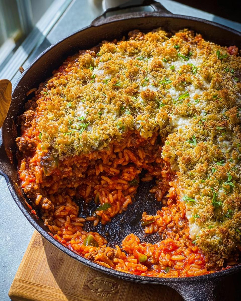 A delicious casserole made with ground beef, rice, and tomato sauce, topped with breadcrumbs and cheese, in a cast iron skillet.