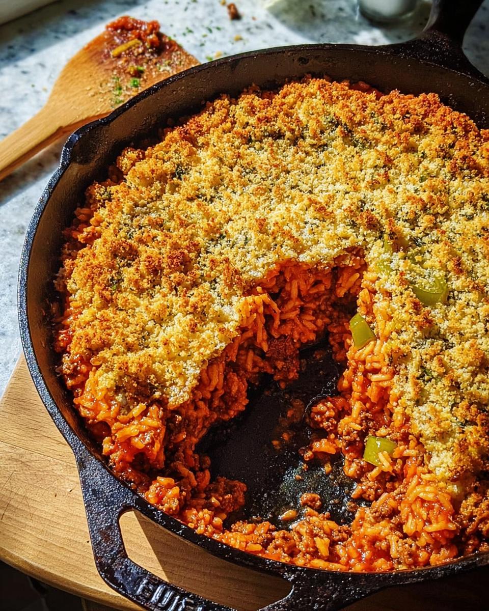 A golden-brown baked casserole in a cast-iron skillet, featuring ground beef, rice, and vegetables, with a scoop removed.