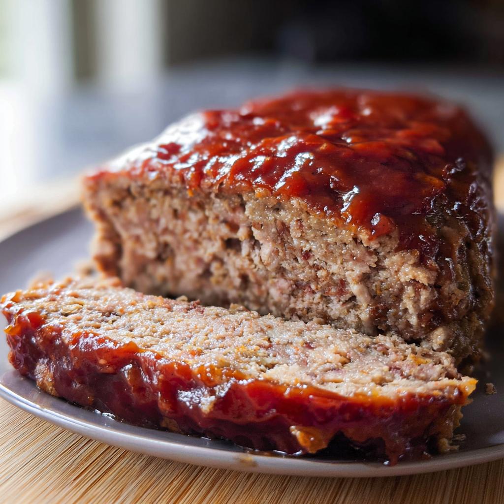 A slice of moist meatloaf topped with glaze, from a ground beef recipe everyone asks for.