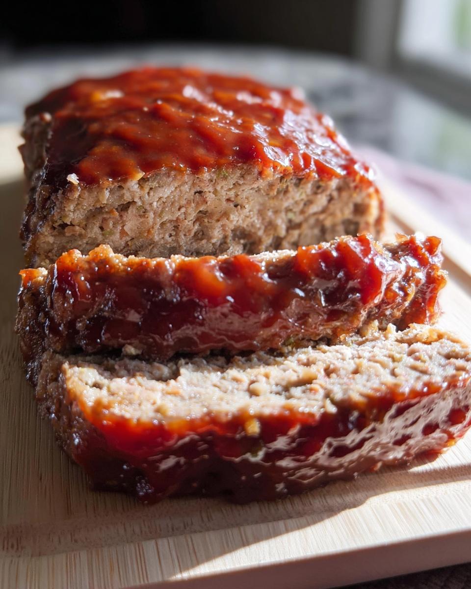 Close-up of a sliced meatloaf, a classic among ground beef recipes, topped with a glossy tomato glaze.
