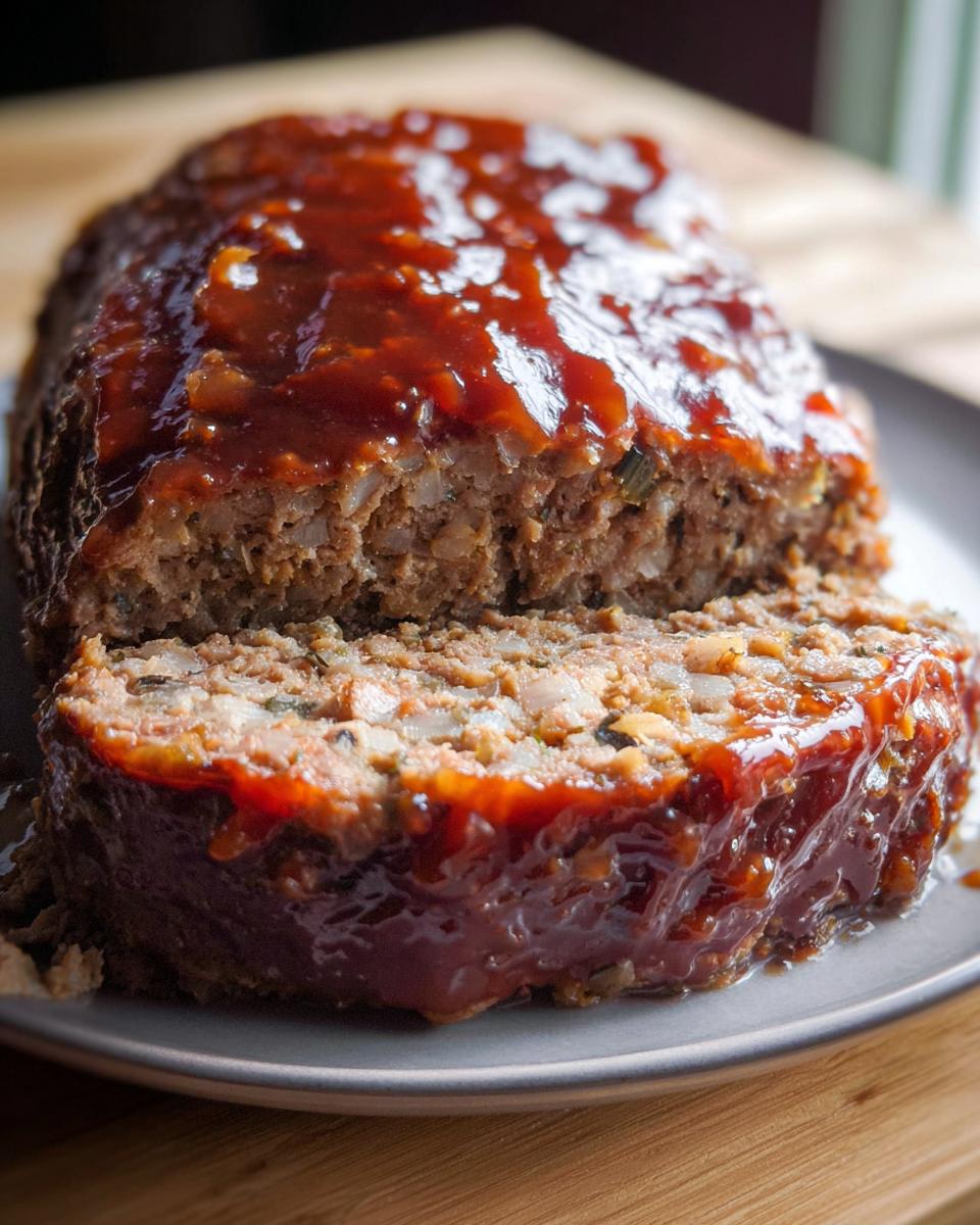 Close-up of a sliced meatloaf, glazed with a rich, dark sauce, showcasing the texture of the ground beef and vegetables within.