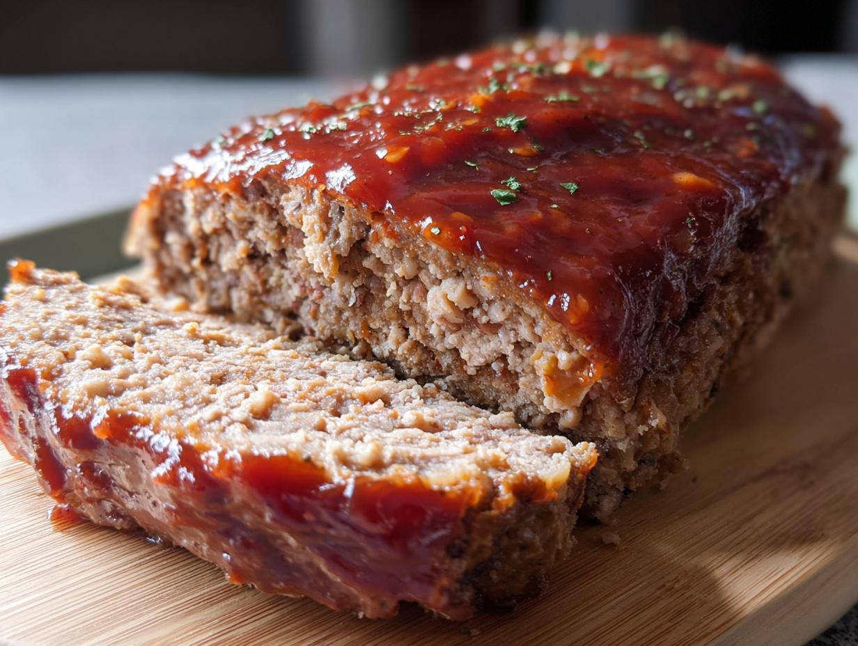 A delicious slice of ground beef meatloaf, glazed with a tangy sauce and sprinkled with herbs.