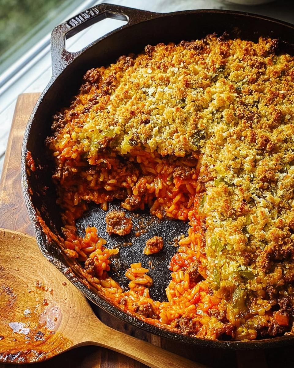A hearty ground beef and rice casserole with a golden breadcrumb topping, served in a cast iron skillet.