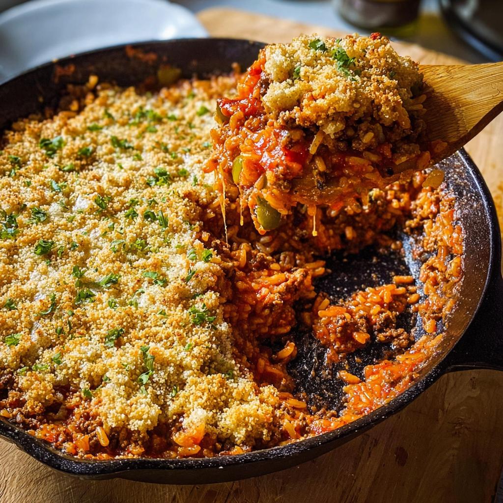A serving spoon lifts a portion of a hearty ground beef and rice casserole from a cast iron skillet, showing a cheesy, crumb topping.
