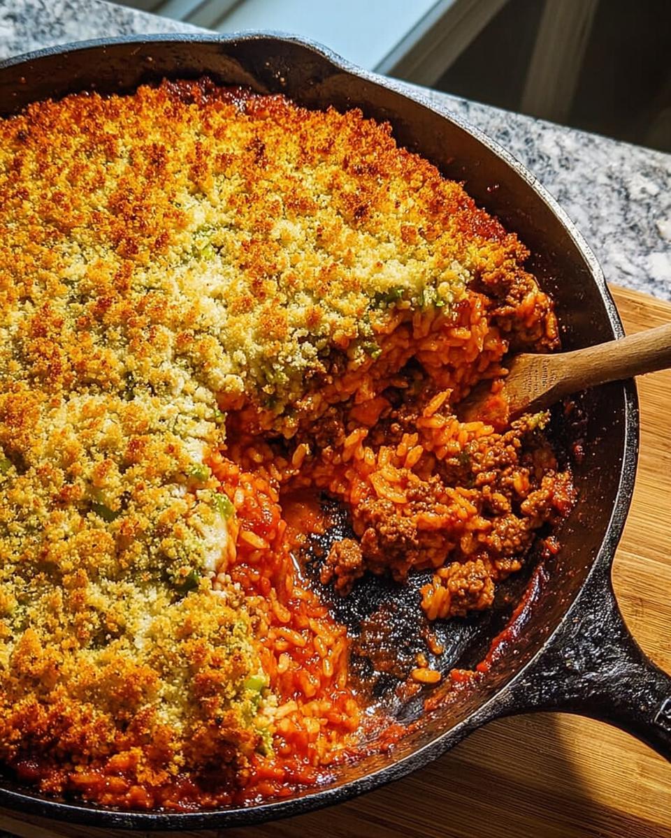 A golden-brown baked casserole with ground beef and rice in a cast-iron skillet, a spoonful being lifted out.