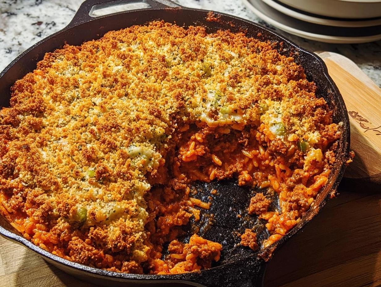 A golden-brown, crispy topping covers a hearty ground beef and rice casserole baked in a cast-iron skillet.