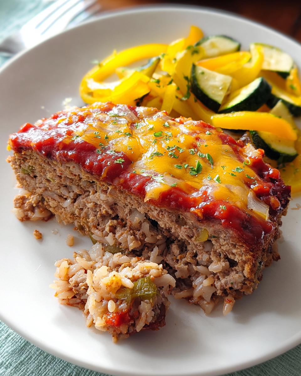 A slice of ground beef and rice casserole topped with melted cheese and tomato sauce, served with sautéed peppers and zucchini.