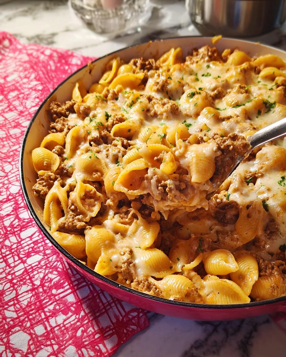A serving spoon lifts a portion of cheesy ground beef and shell pasta casserole from a pink baking dish.