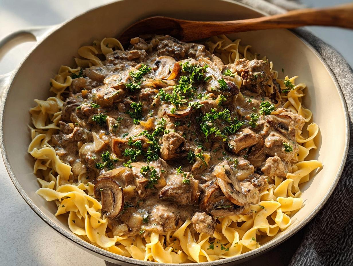 A close-up of creamy Ground Beef Stroganoff served over wide egg noodles and garnished with fresh parsley.