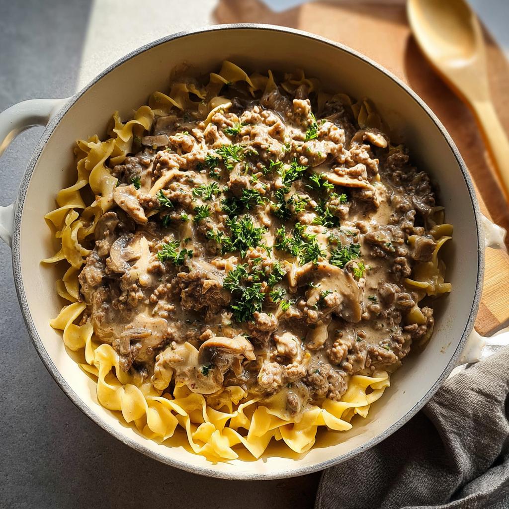 A creamy Ground Beef Stroganoff served over wide egg noodles in a white dutch oven, garnished with fresh parsley.