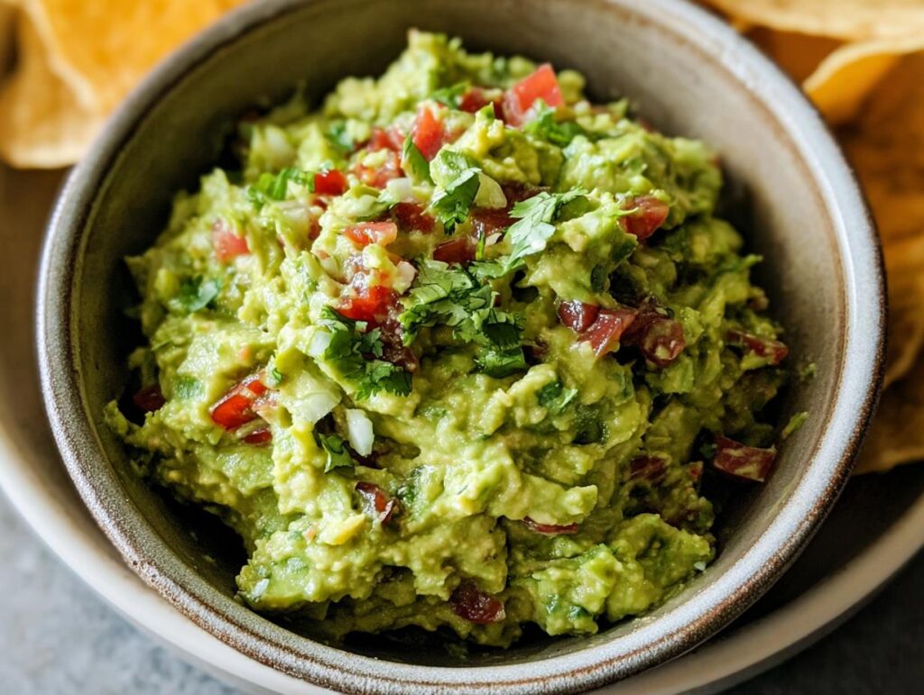 Close-up of chunky Guacamole with Lime and Cilantro, topped with diced tomatoes and onions, served with tortilla chips.