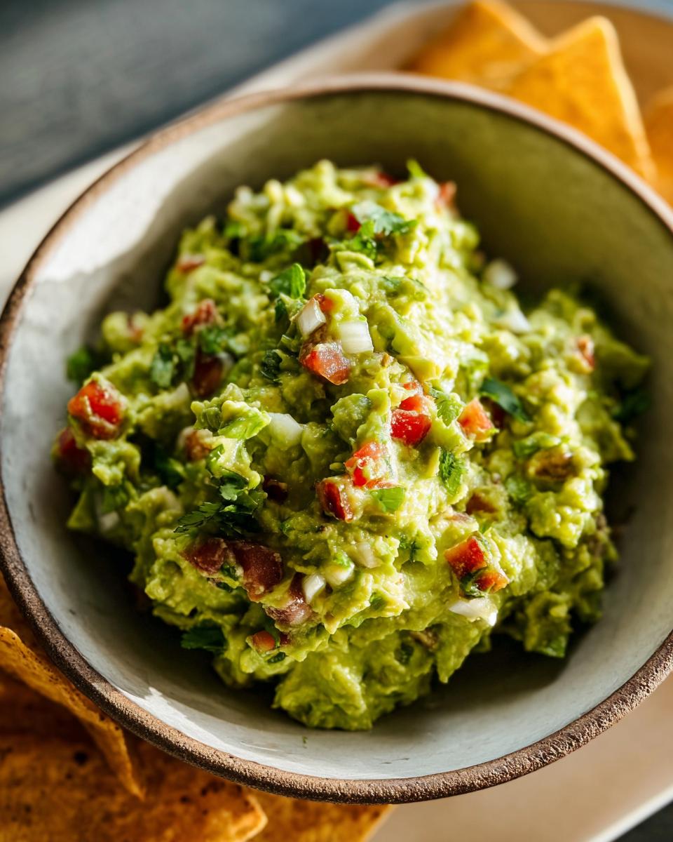 Close-up of chunky Guacamole with Lime and Cilantro, featuring visible chunks of tomato and onion, served with tortilla chips.