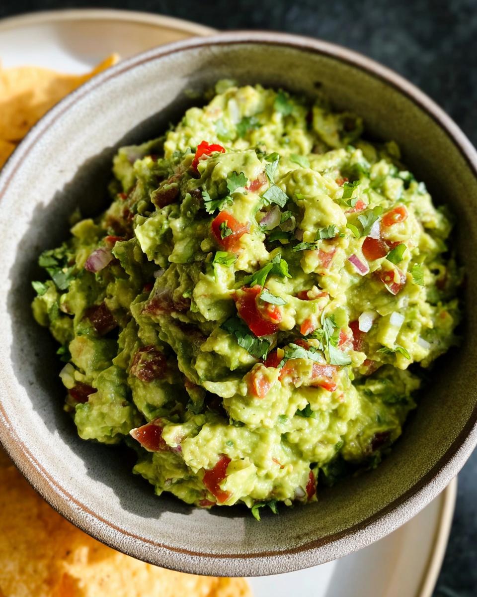 Close-up of chunky, vibrant Guacamole with Lime and Cilantro, mixed with diced tomatoes and onions, served in a rustic bowl.