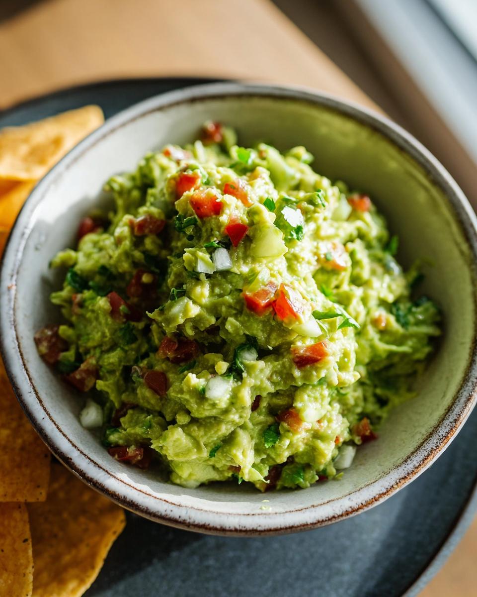 Close-up of chunky Guacamole with Lime and Cilantro, topped with diced tomatoes and onions, served with tortilla chips.