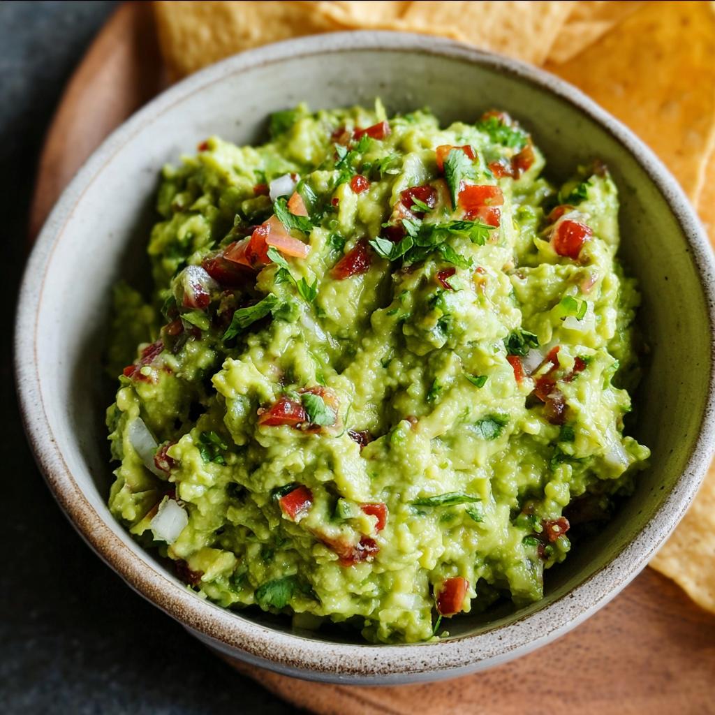 Close-up of chunky Guacamole with Lime and Cilantro, topped with diced tomatoes and onions, served with tortilla chips.