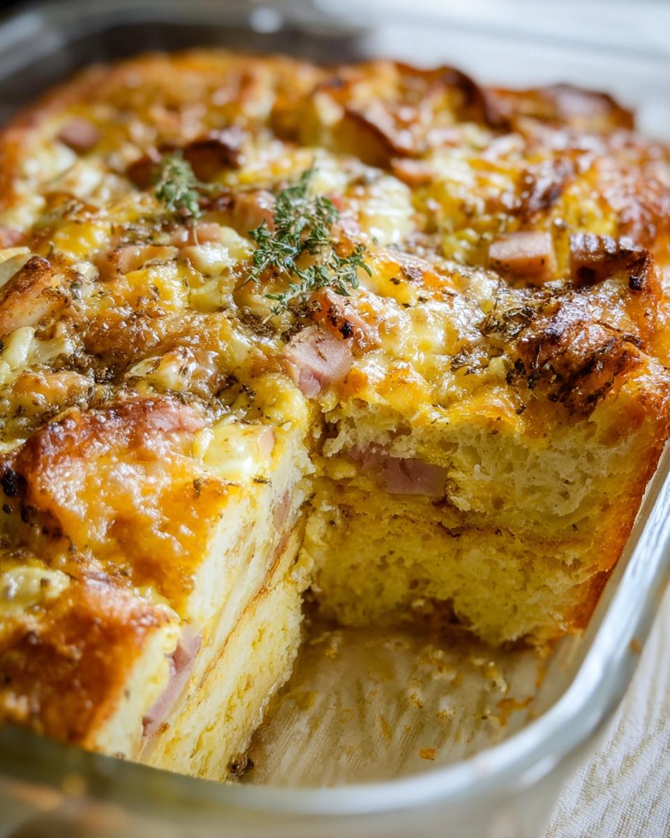 A freshly baked Ham and Cheese Breakfast Casserole with a golden, cheesy top and a slice removed.