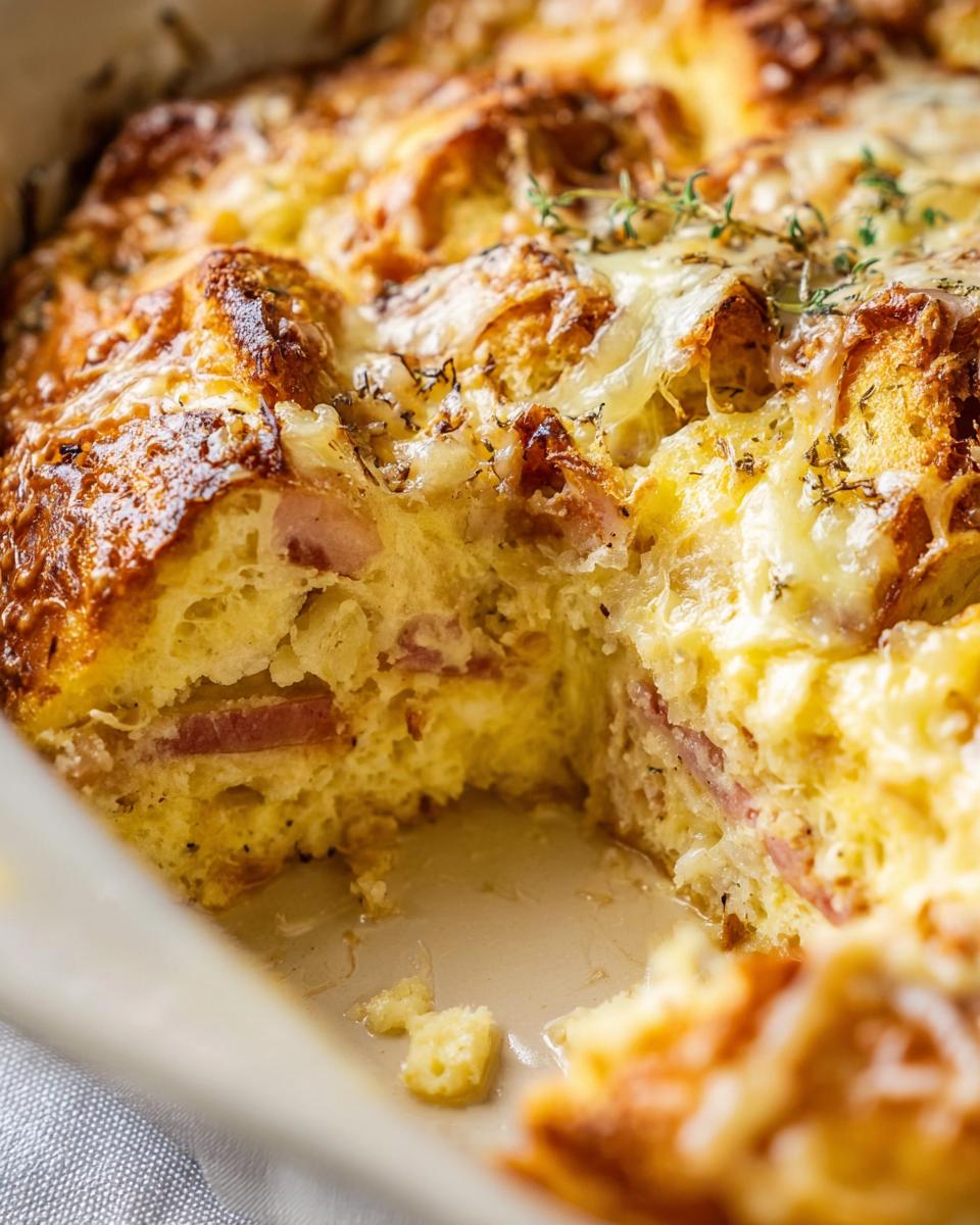 Close-up of a golden Ham and Cheese Breakfast Casserole with melted cheese and thyme garnish.