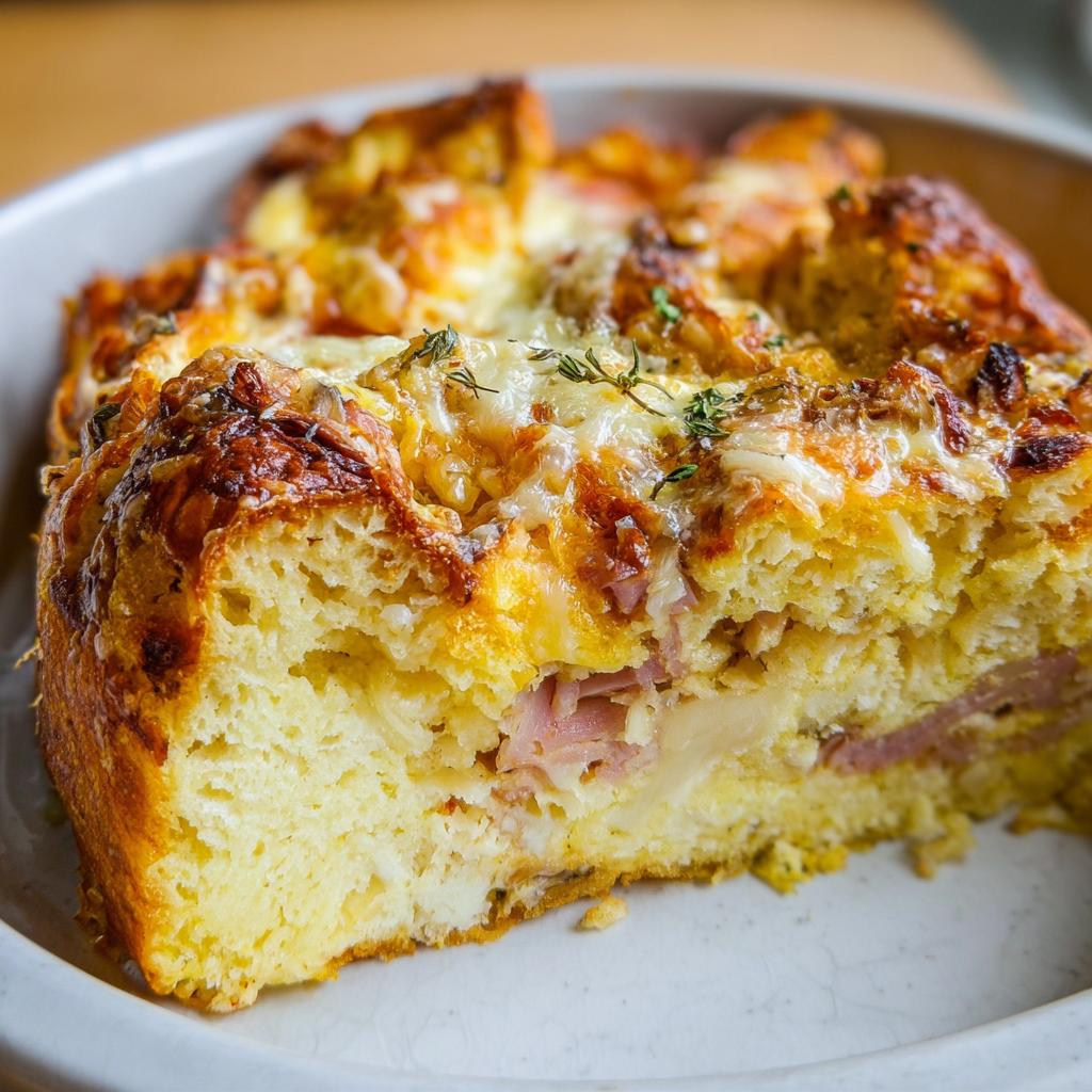 Close-up of a hearty slice of Ham and Cheese Breakfast Casserole showing layers of bread, ham, and melted cheese topping.
