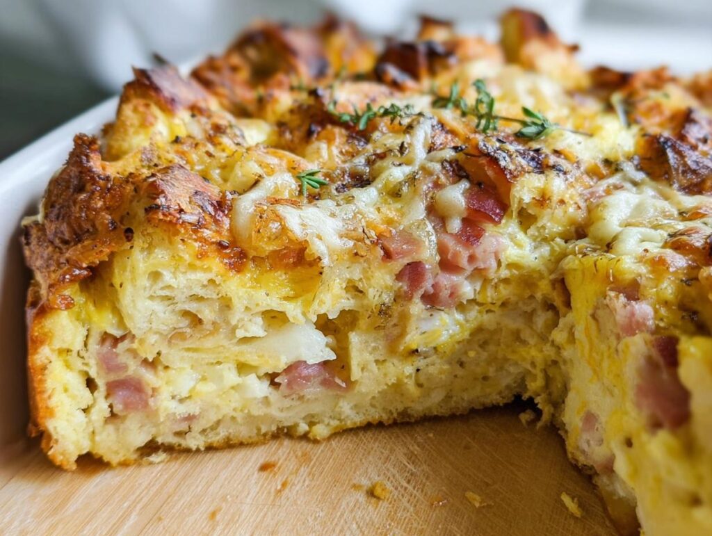 Close-up of a slice removed from a baked Ham and Cheese Breakfast Casserole, showing layers of bread, egg, ham, and melted cheese.