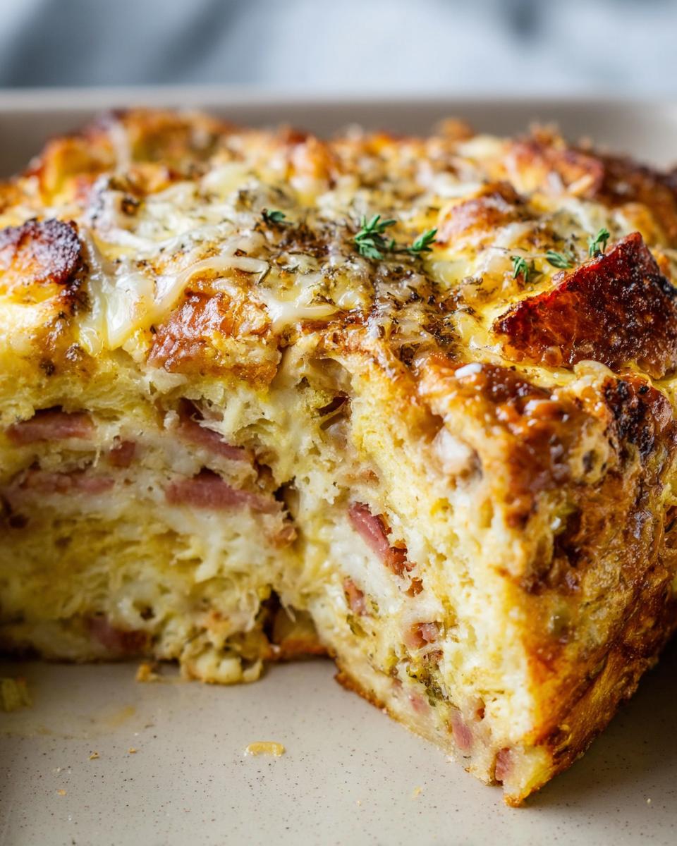 A close-up cross-section of a golden-brown Ham and Cheese Breakfast Casserole showing layers of bread, ham, and melted cheese.