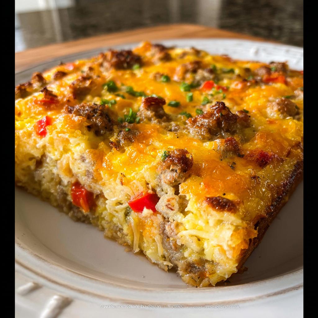 A close-up slice of Hash Brown Egg Bake topped with sausage crumbles, melted cheddar cheese, and chives.
