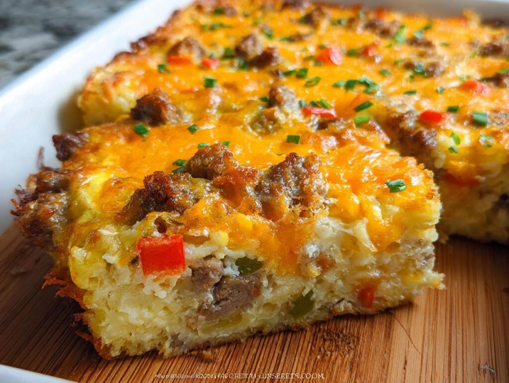 A close-up of a square slice of Hash Brown Egg Bake topped with melted cheddar cheese, sausage, and peppers.