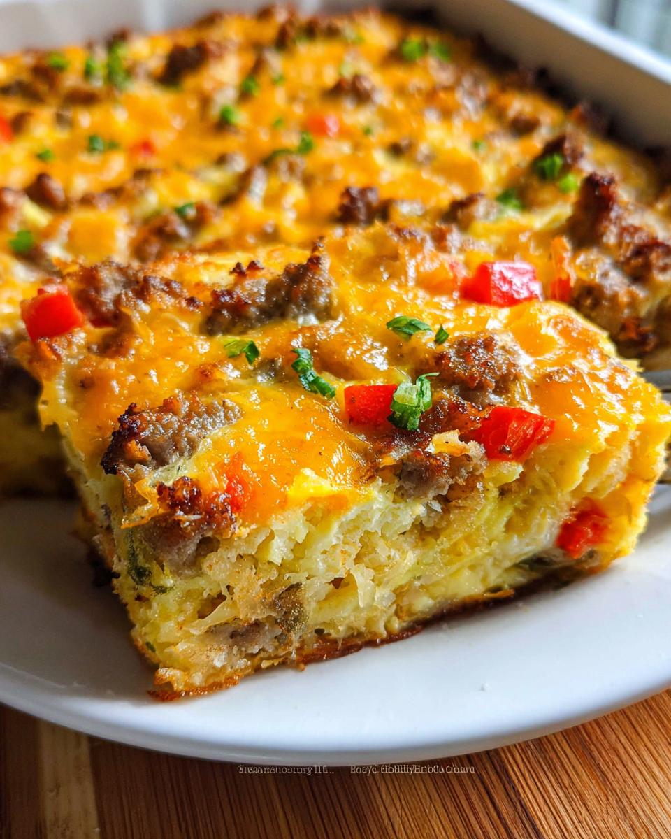 A close-up of a square slice of Hash Brown Egg Bake topped with melted cheddar, sausage, and red peppers.