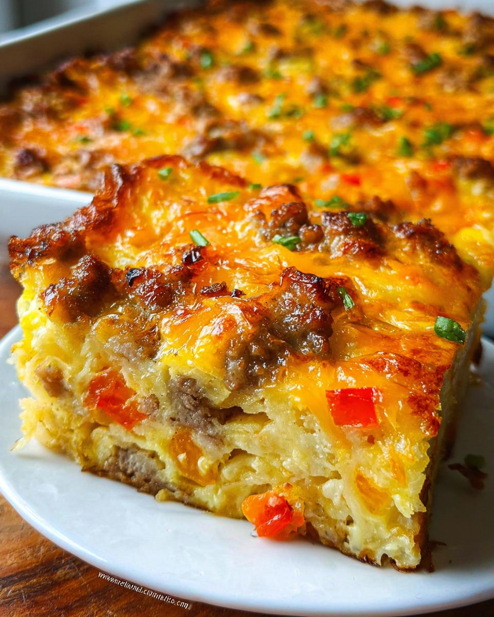 A close-up of a golden-brown slice of Hash Brown Egg Bake topped with melted cheese and sausage.