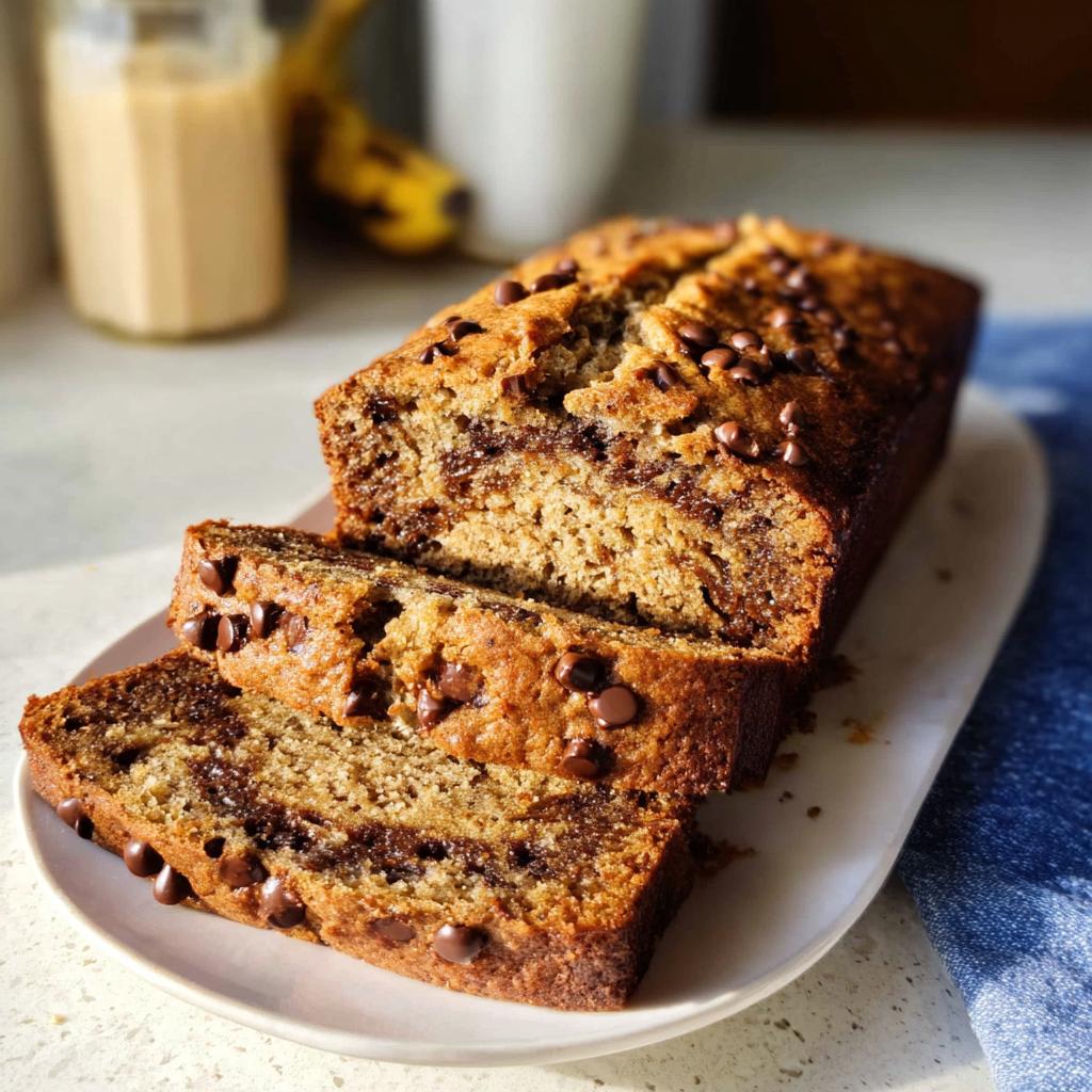 A loaf of moist Healthy Banana Bread (Whole Wheat) with chocolate chips, partially sliced on a white plate.