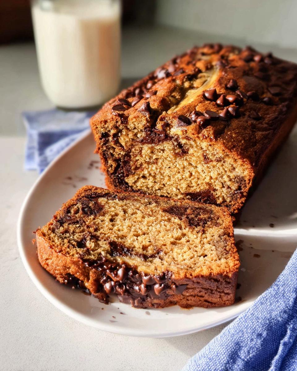 Two slices of moist Healthy Banana Bread (Whole Wheat) studded with melted chocolate chips, served next to a glass of milk.