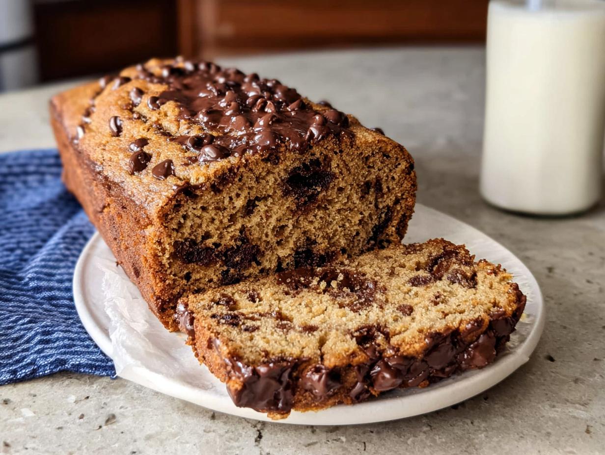 A loaf of moist Healthy Banana Bread (Whole Wheat) topped with melted chocolate chips, with one slice cut.