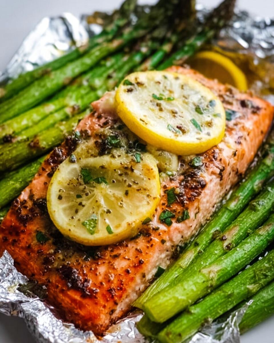 Close-up of perfectly cooked Herb Butter Salmon (Foil Pack) topped with lemon slices and served alongside bright green asparagus.