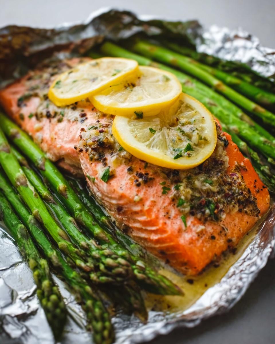 Close-up of a perfectly cooked Herb Butter Salmon (Foil Pack) topped with lemon slices and served with bright green asparagus.