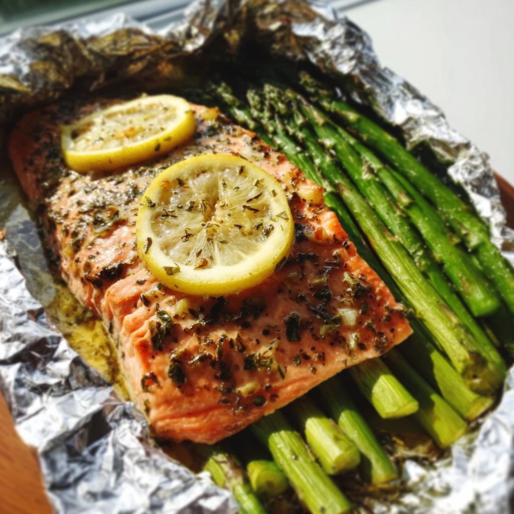 Close-up of cooked Herb Butter Salmon (Foil Pack) topped with lemon slices and served over bright green asparagus.