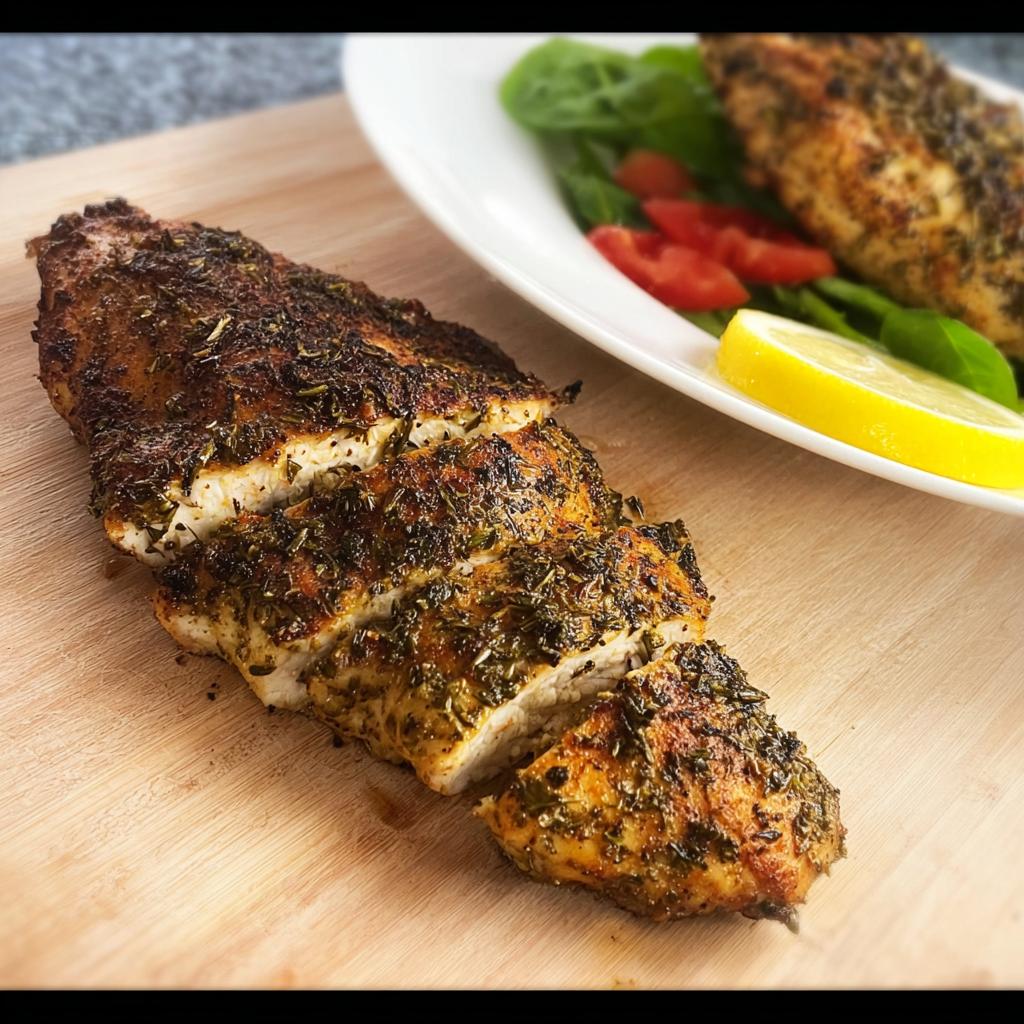 Close-up of herb-crusted chicken breast, sliced on a wooden board, ready for How to Make the Best Texas Roadhouse Chicken at Home.