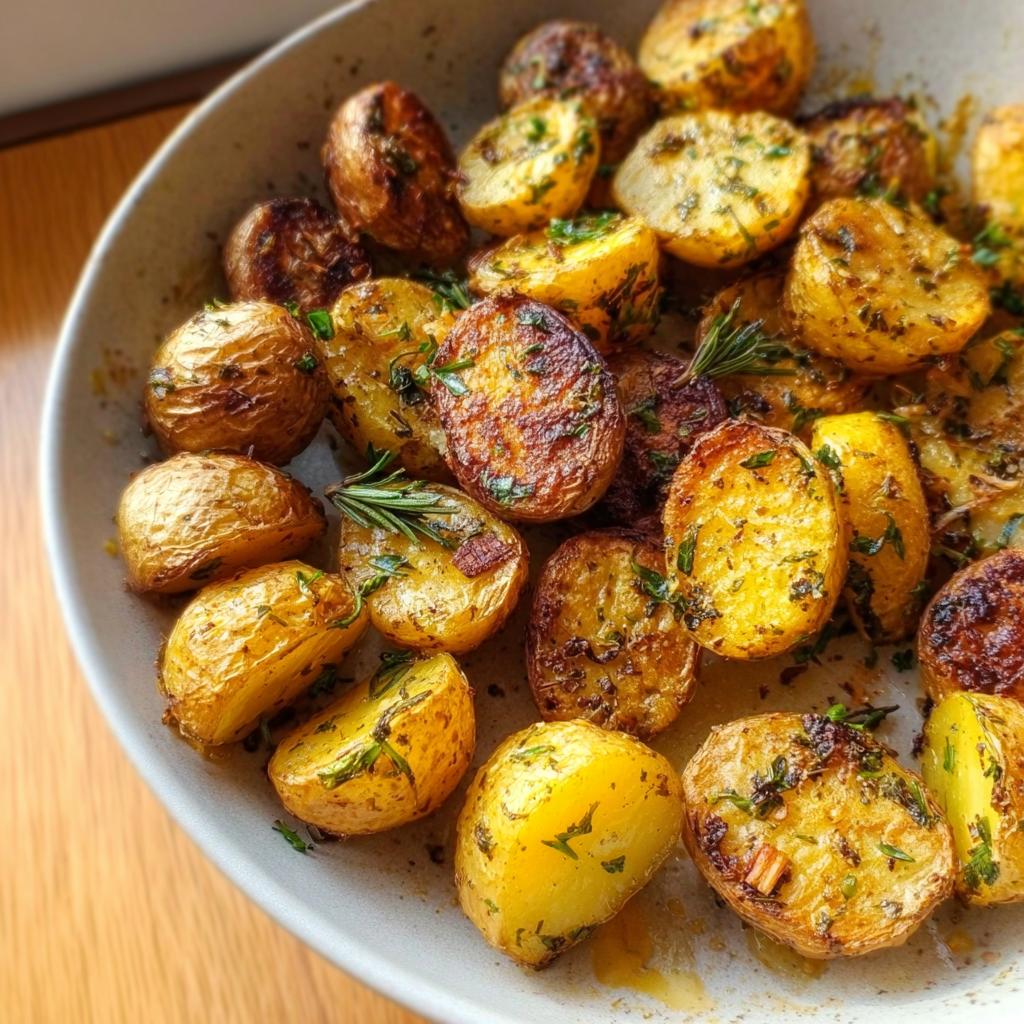 Close-up of golden Herb Roasted Baby Potatoes seasoned with chopped herbs and rosemary sprigs.