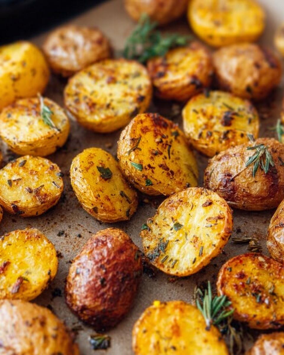 Close-up of golden brown Herb Roasted Baby Potatoes seasoned with herbs on a baking sheet.