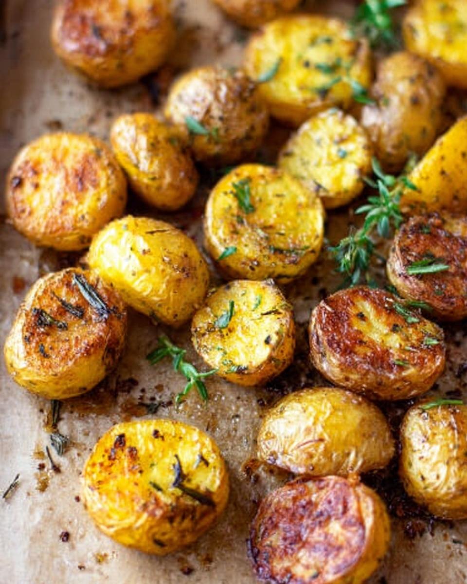 Close-up of golden, crispy Herb Roasted Baby Potatoes seasoned with herbs on parchment paper.