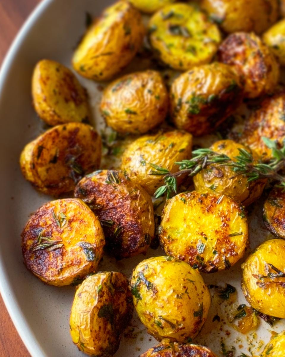Close-up of golden, crispy Herb Roasted Baby Potatoes seasoned with herbs and rosemary sprigs.