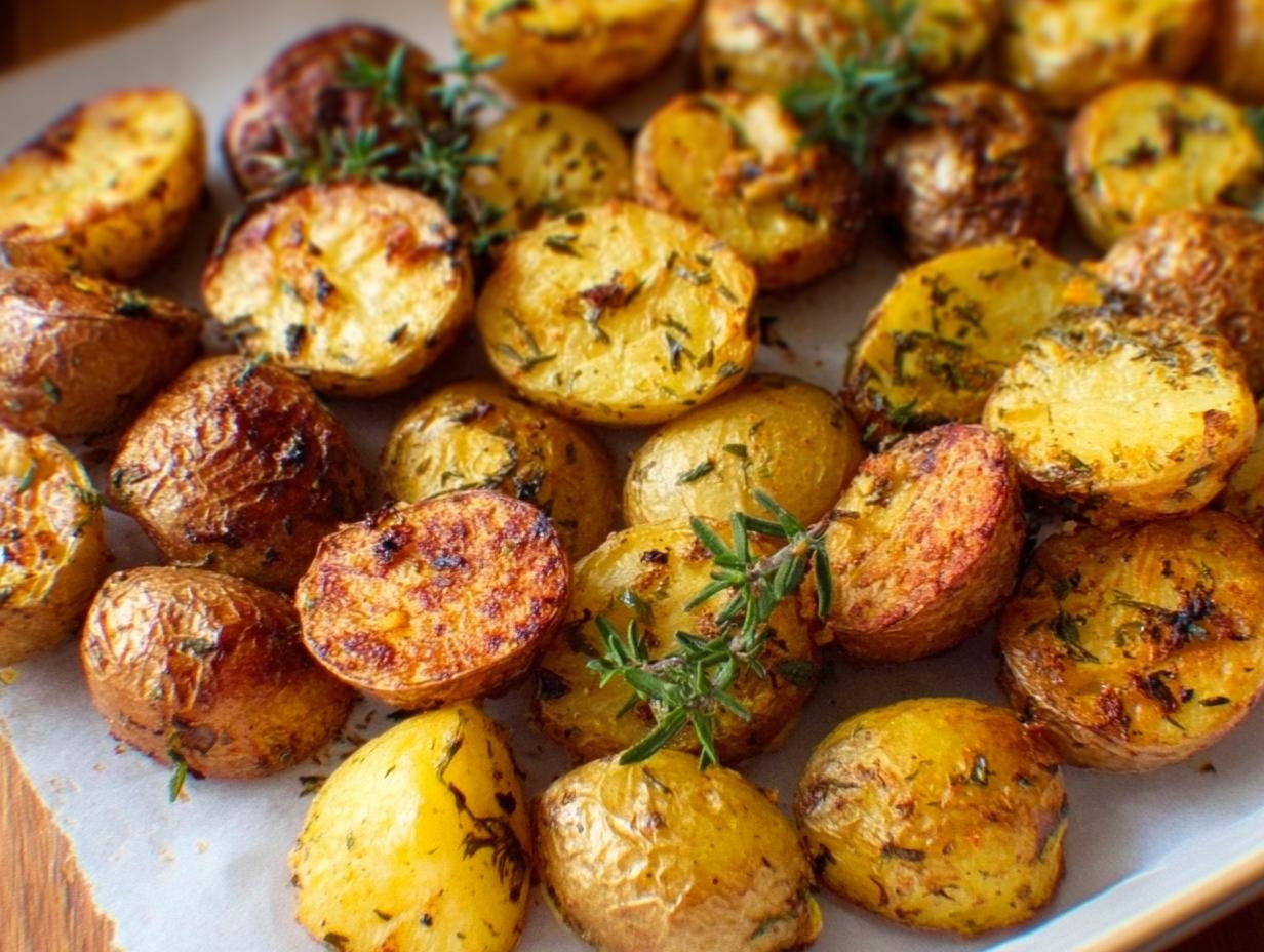A close-up view of golden brown Herb Roasted Baby Potatoes seasoned with visible green herbs.